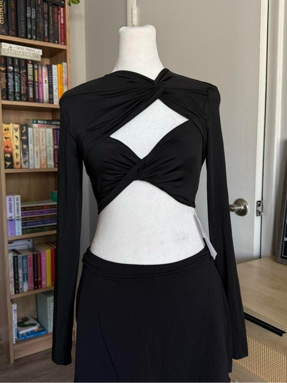 parthea black long sleeve cut out crop top